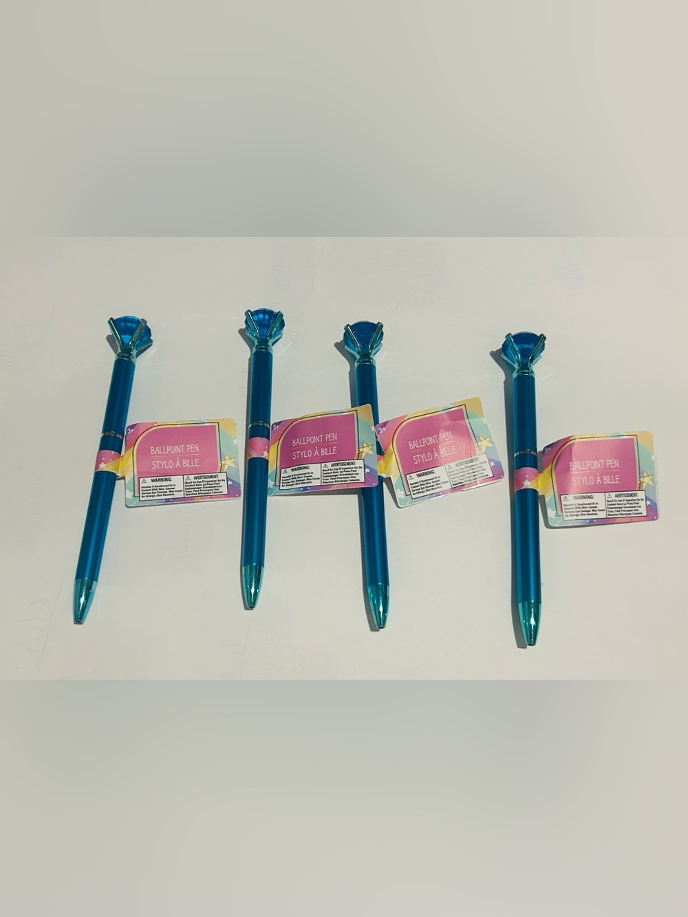 New 4 Blue Pens with Diamond Shapes on Top 6 1/4”
